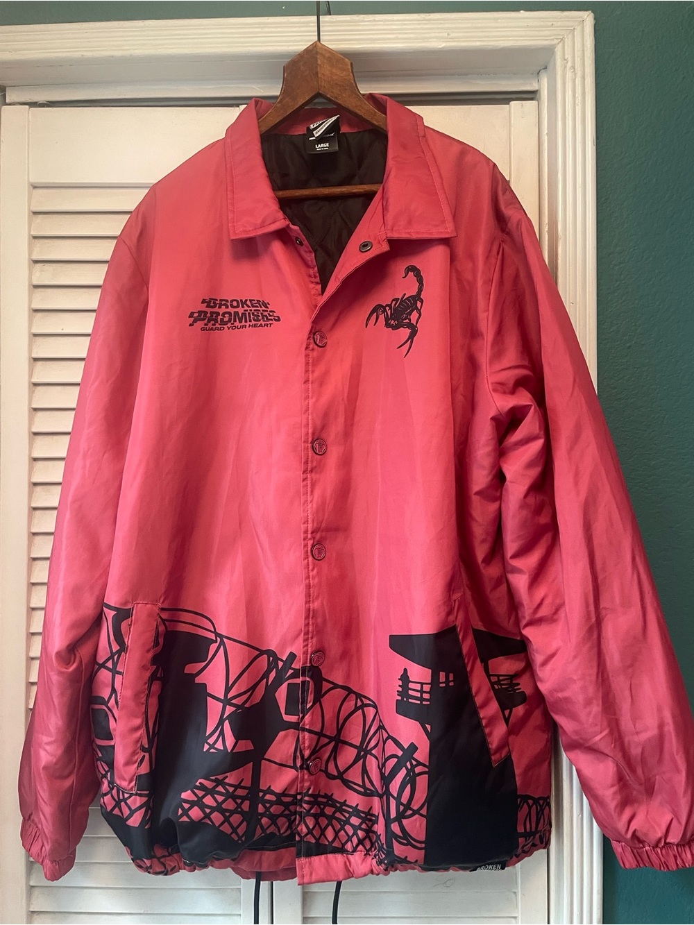 Broken Promises Men's Pink Graphic Windbreaker Jacket with Scorpion Detail